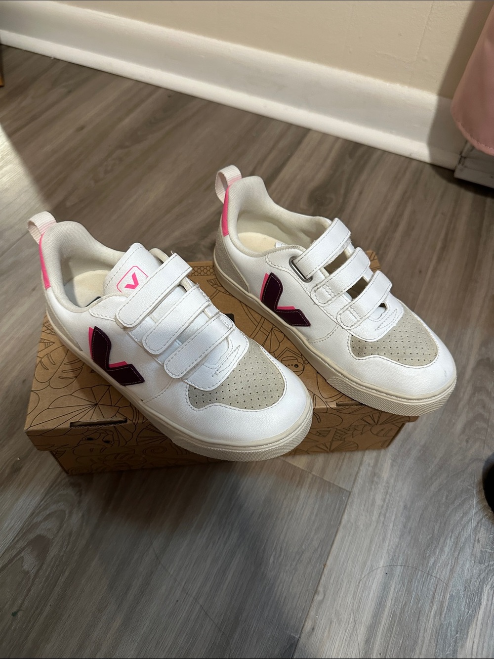 Veja White Kids Sneakers with Pink and Black Accents